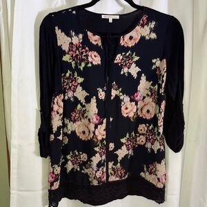 Daniel Rainn Tunic Blouse Womens 1X Blue Long Sleeve Floral Neck Tie